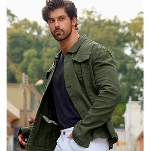 Longbida Casual Classic army green Denim cotton blend slim-fit Trucker Jacket